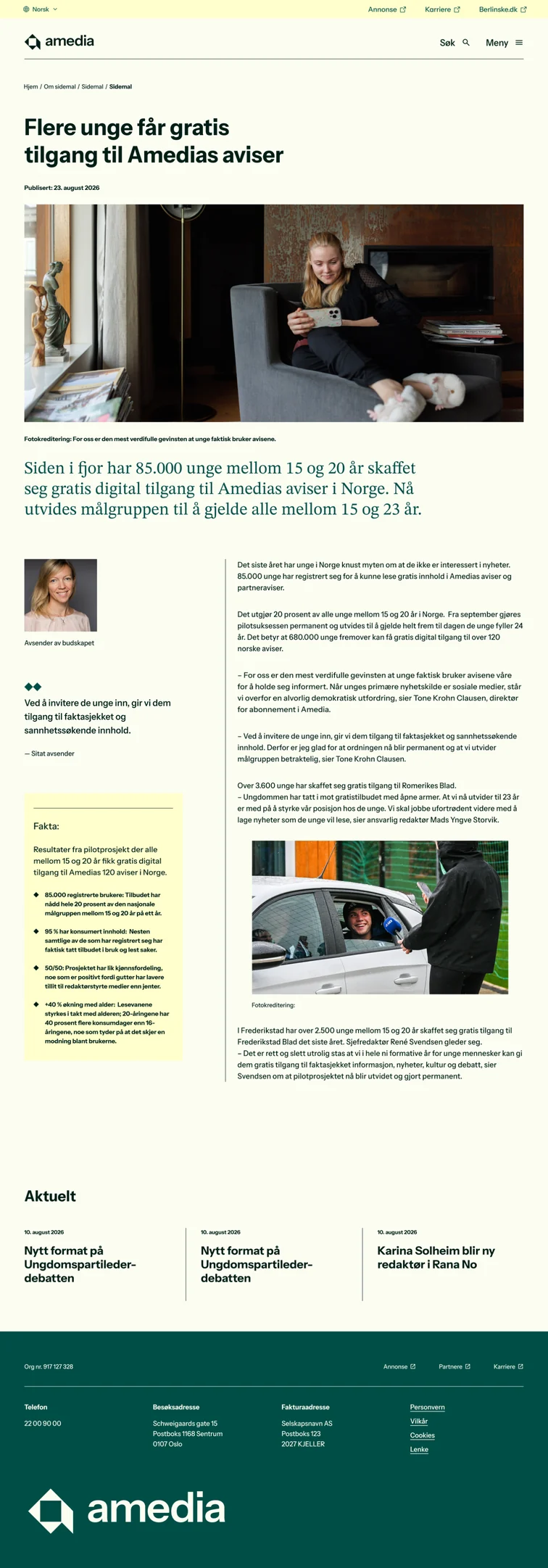 Amedia front page, full-length desktop screenshot