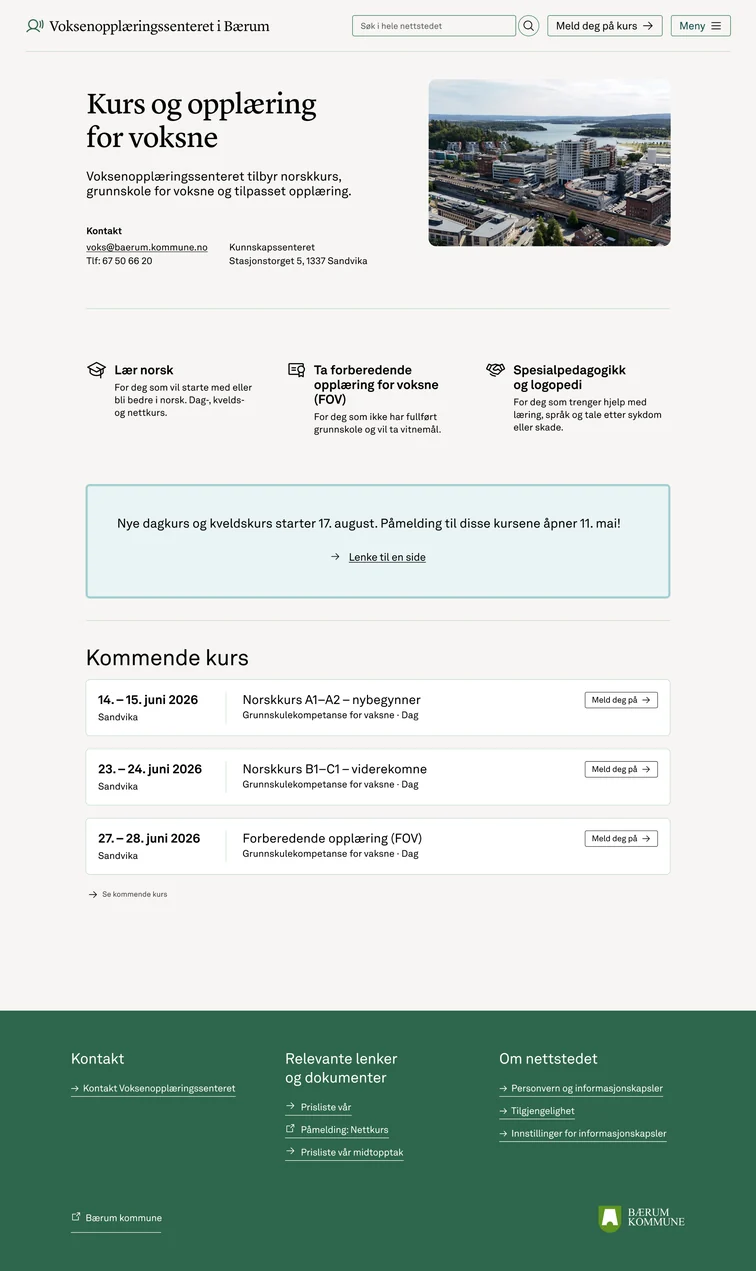 Bærum Kommune adult education page, desktop