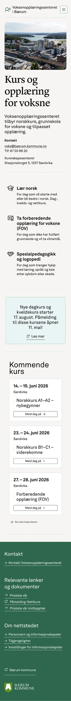 Bærum Kommune adult education page, mobile